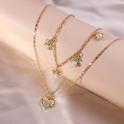 China Durable Crystal Love Hearts Necklaces Gold Color Double Layered Beads Bowknot Chains Women's Necklaces Jewelry BOHO Necklaces for sale