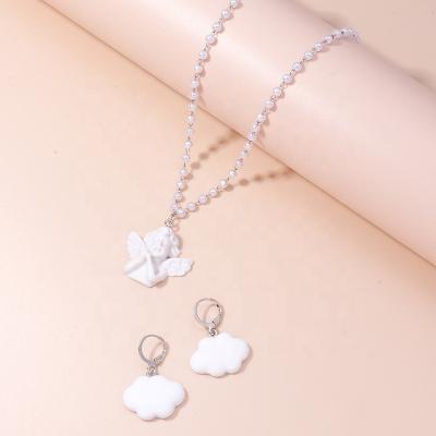 China Long Chain Cupid Necklace Cloud Earrings Jewelry Set Angel Pendant Pearl Necklace Set Durable Cute White Cupid For Women Girls for sale