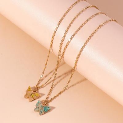 China New Design 2pcs/set Cute Shinning The Sweet Blue Butterfly Necklaces BFF Twins Butterfly Necklaces Jewelry Set For Women for sale