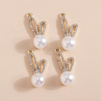 China 4pcs/bag 25*10mm FASHIONABLE Exquisite Long Pearl Ear Rabbit Charms Crystal Bunny Pendants Necklaces Bracelets Earrings DIY Custom Jewelry for sale