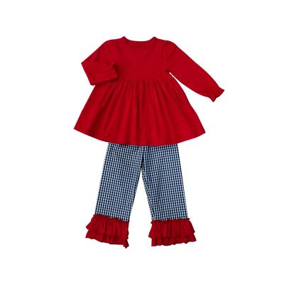 China Customized Hot Selling Casual Ruffle Dress And Gingham Design Girls Clothing Sets for sale