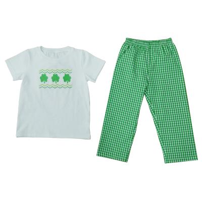 China Matching Little Boys Dressing Sets Casual Wholesale Boys Short T-shirt Set Children's Embroidery Boutique Gingham Pants Boys Clothing Set for sale