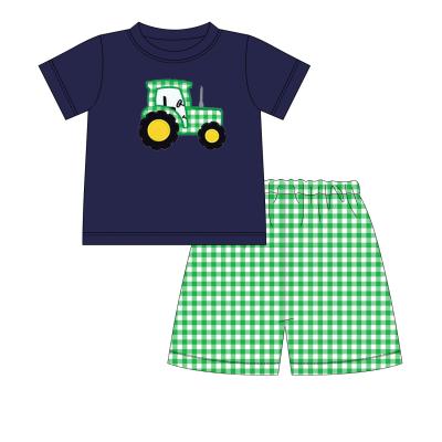 China Car Boyis Wholesale Customize Logo Children's Boutique Tractor Applique Short Sleeves Top+Pant Set for sale