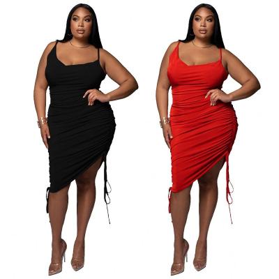 China Wholesale Breathable Solid Plus Size Dresses Women Summer Slit Halter Bodycon Wear Sexy Ladies Backless Drawstring Big Dress for sale