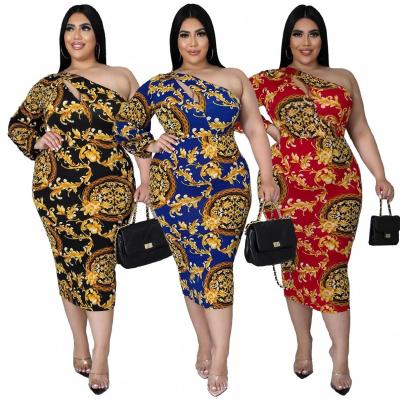 China Vintage 2022 Breathable Bodycon Plus Size Dresses Woman Hollow Off Shoulder Floral Print Single Sleeves Maxi Dress Sexy Club Wear for sale