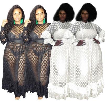 China Fashionable Anti-Static Polka Dot Long Sleeve Ruffles Lace Up Pleated Woman Plus Size Maxi Dress Women Plus Size Clothing for sale