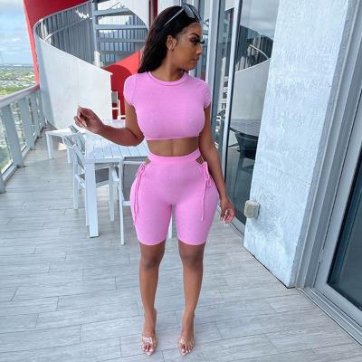 China 2021 New Arrivals 3 Colors Breathable Casual Fashionable Cavity Sleeve Crop Top O-Neck Bandage Shorts 2 Piece Biker Shorts Women Set for sale