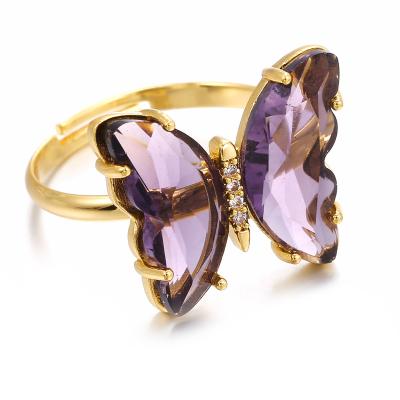 China New Fashion Environmental Friendly Gold Plated Adjustable Ring Unisex Ring For Women Jewelry Crystal Glass Butterfly Ring for sale