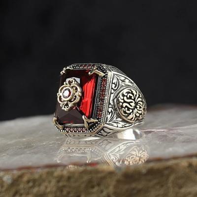 China 2022 Hot Sale Environmental Friendly Antique Silver Carved Worry Eagle Gemstone Set Punk Motorcyclist Turkey Seal Rings Women Men for sale