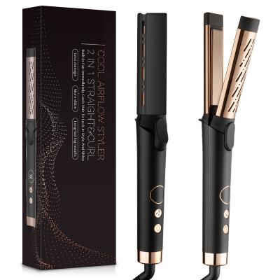 China Best Tourmaline 2 in 1 Round Ceramic Tourmaline Hair Styler Airflow Egdes Air Hair Straightener Cool Curling Iron with Fan for sale