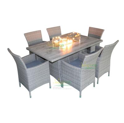 China OG20051 Modern Garden Furniture Fire Pit Rattan Furniture Sofa Set Rectangular Dining Table With Firepit for sale