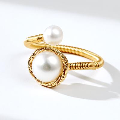 China 2021 18K Gold Plated Non Allergic Creative Luxury Freshwater Pearl Adjustable Bracelet and Ring Jewelry Sets For Women for sale