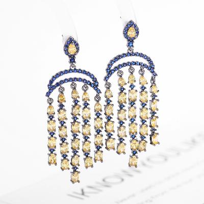 China Non Allergic Wholesale Gold Plated Long Brass Zircon Tassel Chandelier Statement Earrings for sale