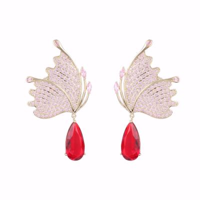 China Women Non Allergic Romantic Gold Plated Zircon Crystal Water Drop Butterfly Drop Earrings for sale