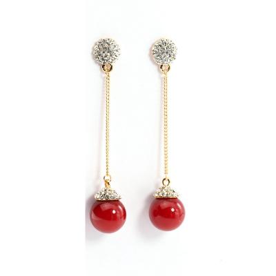 China Non Allergic Newcomer Designer Trendy Red And White Pearl Zircon Long Chain Dangle Earrings for sale