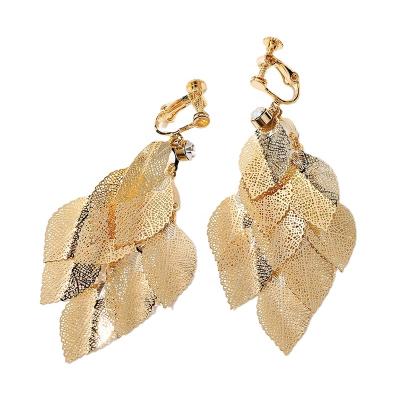 China Non Allergic Unique Silver or Gold Color Metal Leaf Large Fashion Tassel Fringe Women Hook Removable Statement Earrings for sale