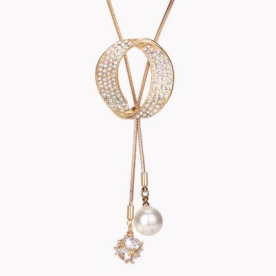 China New Fashion Non Allergic Gold Plated Women Elliptical Cubic Zircon Pearl Long Chain Necklace for sale