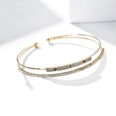 China Non Allergic Women Fashion Luxury Gold Plated Alloy Rhinestone Adjustable 2 Layers Opening Bangle Bracelet for sale