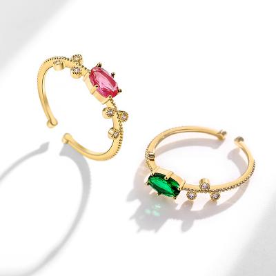 China Non Allergic Women Fashion Jewelry Elegant Gold Plated Oval Pink Crystal Emerald Stone Zircon Rings Adjustable Open for sale