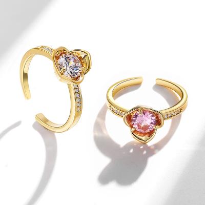 China Non Allergic Temperament Korean Gold Plated Rose Petal Flower Crystal 3 CZ Adjustable Open Ring for sale