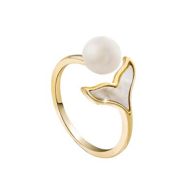 China Non-allergic original creative jewelry Ring Elegant Fresh Water Mother fashion pearl fish tail adjustable rings for sale