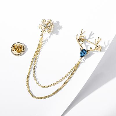 China Christmas Blue Crystal Snowflake Zircon Christmas Reindeer Collar Pin Long Chain Brooch Pin Brooch Men Women for sale