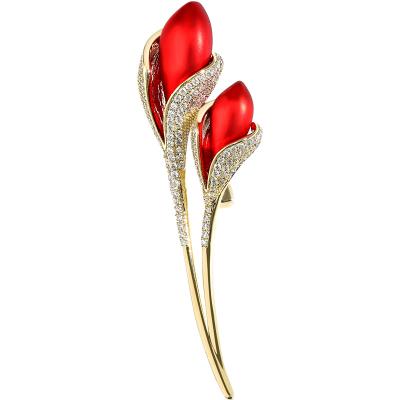 China Elegant Safety Pin Brooch 2021 Fashion Accessories Gold Plated Tulip Flower Bouquet Brooch Red For Girls for sale