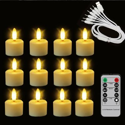 China 12 Pcs USB LED Tea Light Flameless Flickering White Fill Candle with Timer Remote Warm Yellow Color for Birthday Wedding Home Decor for sale