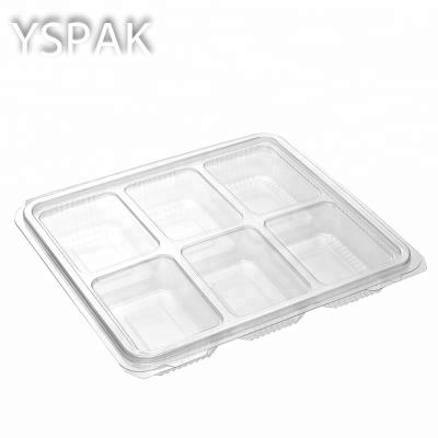 China Disposable Custom Design PET Clamshell Blister 6 Compartment Plastic Food Container for sale