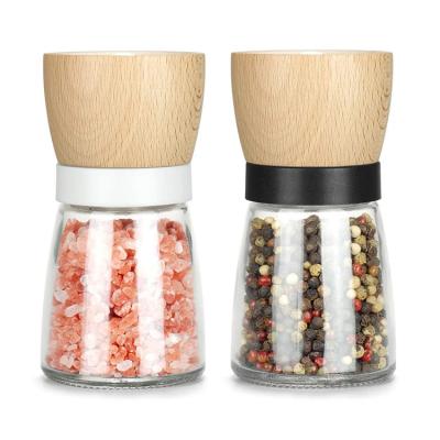 China Glass Body 2pcs/set Pepper Grinder Set Sustainable Wooden Sustainable Salt and Pepper Mill for sale