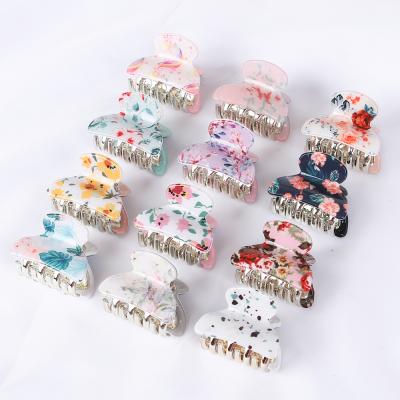 China Factory Wholesale 4CM Crab Flower Printing Cute Plastic Acrylic Hair Clamp Barrettes Small Hair Claw Clips for sale