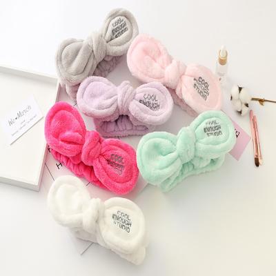 China Cute Sweet Fahion Embroidered Letters Bows Coral Fleece Sports Face Wash Makeup Elastic Hair Band Hairbands Headband for sale