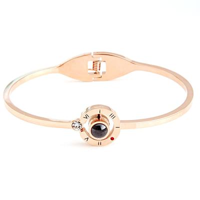 China Creative Stocked Design Women Stainless Steel 100 Languages ​​Bracelet Zircon Rose Gold I Love You Plated Love Memory Projection Bracelet for sale