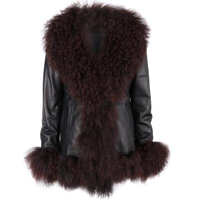 China Real Leather Jacket Ladies Elegant Women Mongolia Sheep Fur Collar Breathable Leather Coat for sale