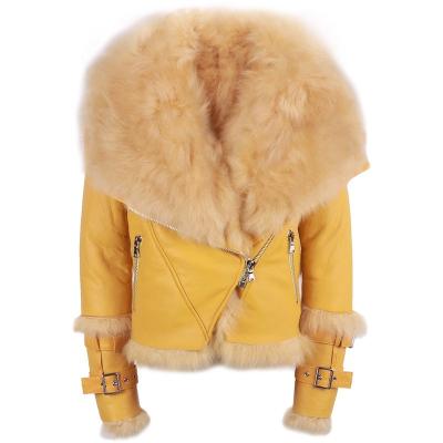 China 2021 Winter Women Breathable Warm Jacket Real Fur Collar Shearling Striping Genuine Leather Jacket For Ladies for sale