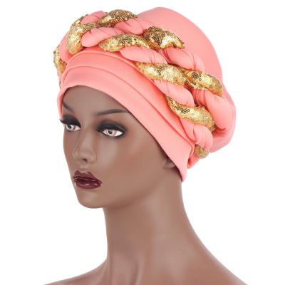 China Fashion Muslim Double Braids Braid For Women Female African Headscarf Space Cotton Turban Hat With Sequins for sale