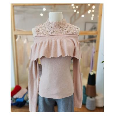 China Breathable Elegant Woolen Sexy Lace Stitching Knitted Sweater Pink Upper Garment /5249YL # for sale