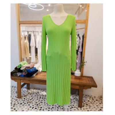 China Three-dimensional striped dress sheathed thin soft knitted avocado green round collar breathable dress autumn and winter long long for sale