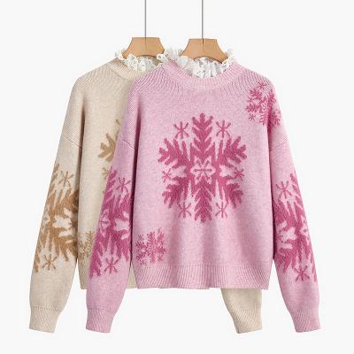 China Chinese Factory Popular Women's Design Large Snowflake Lace Stitching Woolen Sweater Christmas Breathable Loose Sweater for sale