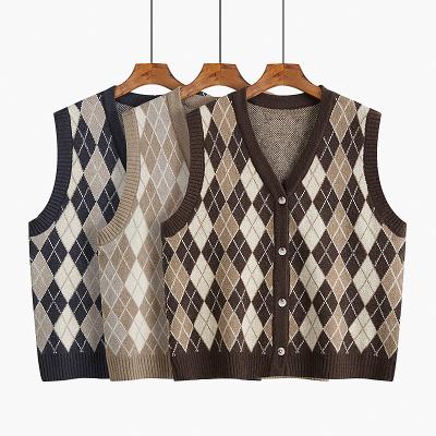 China 100%Cotton Breathable Winter Cardigan Plaid Sweater Coat Korean Custom Sleeveless Women Sweater Vest Knit Women for sale