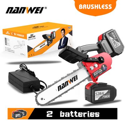 China Nanwei 10inch Cordless Brushless Electric Chainsaw Woodworking Chainsaw Rechargeable Battery Handheld Industrial Saw for sale