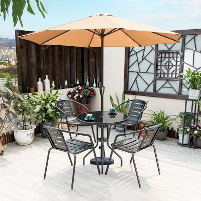 China Contemporary Outdoor Outdoor Metal Center Tables Patio Balcony Furniture Plastic Chairs With Umbrella Garden Sets for sale