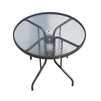 China Modern cheap commercial hot sale metal garden furniture outdoor glass and round table and chair 60cm set 80cm 90cm 105cm for backyard for sale