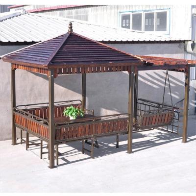 China Durable Rustproof /Rain-proof Outdoor Gazebo Steel Frame Carbonized Wood Roof With Swing Gazebo Hard Top Wood Manufacturer Wooden Pergolas for sale