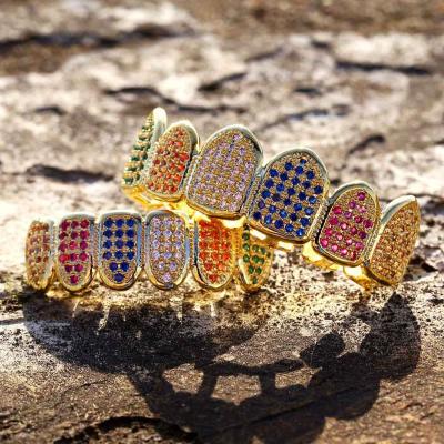 China Hiphop Fashion Iced Out Colorful Diamond Grillz Top &Bottom Rainbow Grillz Hip Hop 2022 Grillz For Men's Hitter for sale