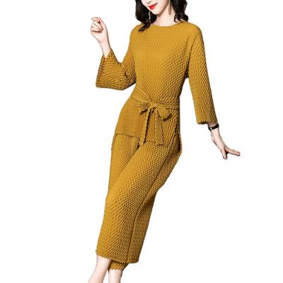 China 2022 Spring Summer QUICK DRY Trendy Ladies 2 Pcs Outfits Plain Irregular Long Sleeve Tops And Pants Striped Casual Women Two Piece Set for sale