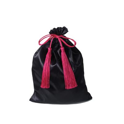 China Large Shopping Black Satin Dust Bag Customized Logo Size Satin Bag With Tassel for sale