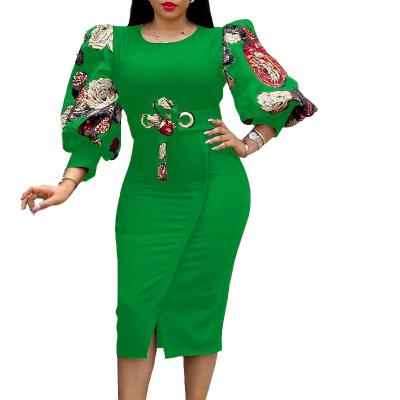 China Sustainable European and American Fashion Printed Bubble Sleeves Luxury Woman Party Plus Size Tight Dress for sale