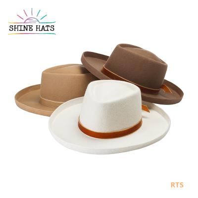 China 2021 OEM Striped Hats Women Sombreros de Paja Custom Shinehats Brim Wide Brim Men 100% Wool Felt Australia Fedora Hats for sale