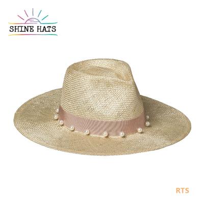 China 2021 Jazz Round Women Lady Straw Character Type Luxury Sun Summer Beach Sisal Grass Pearl Ribbon Hat for sale